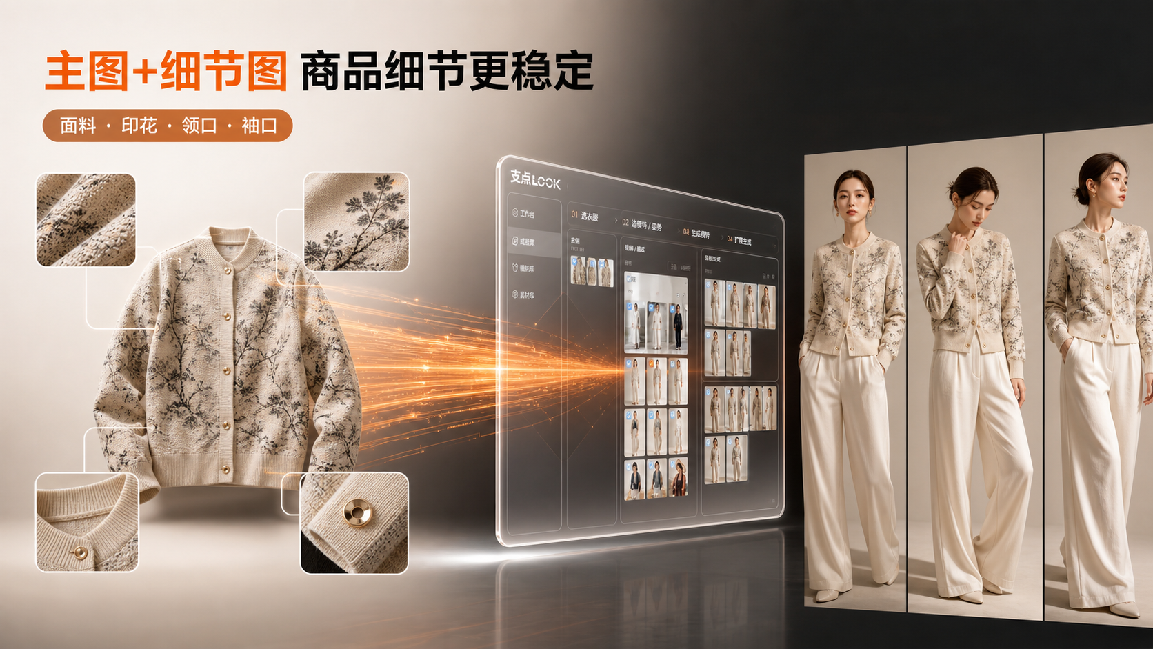 商品主图、细节图与多模特生成结果